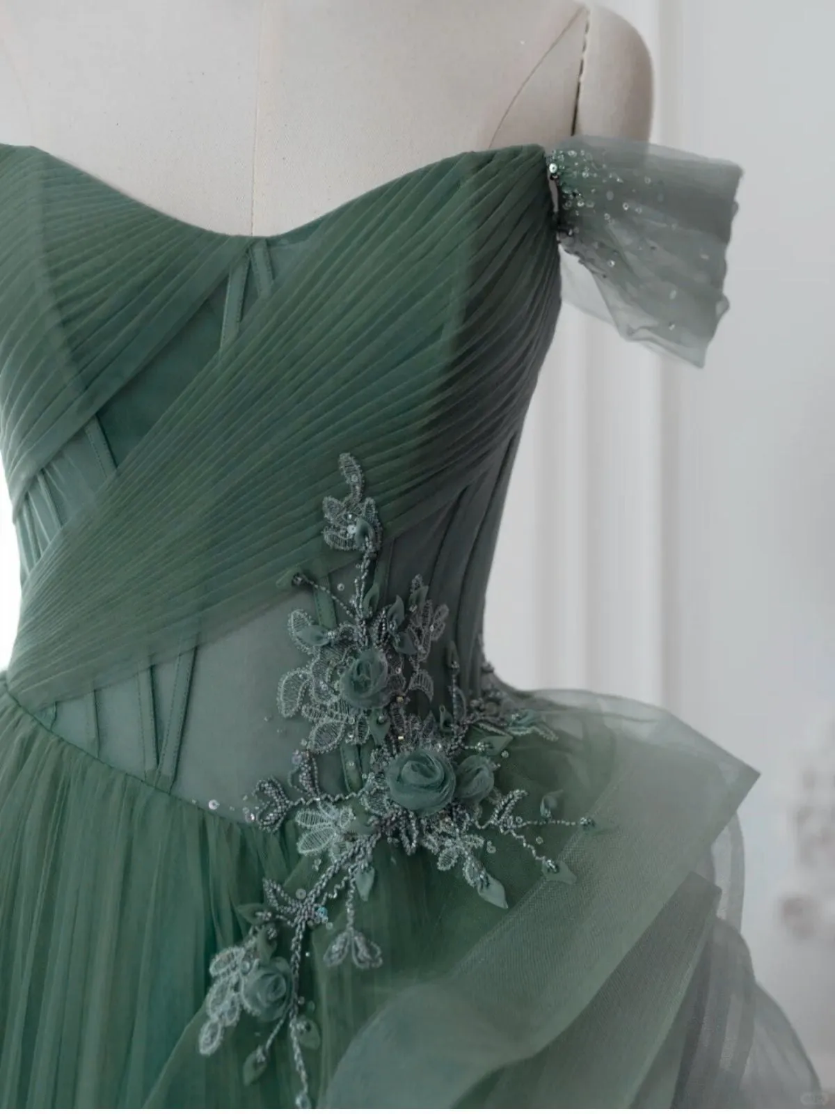 A-line Tulle Sweetheart Off Shoulder Party Dress, Beaded Long Tulle Prom Dress