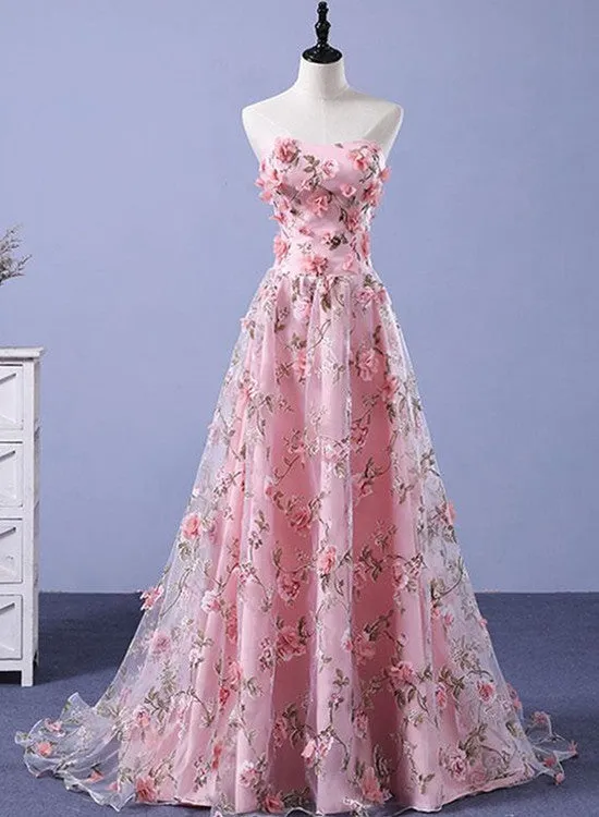 Beautiful Light Pink Flowers Romantic Long Formal Gowns, Flowers Party Dress, Prom Dress