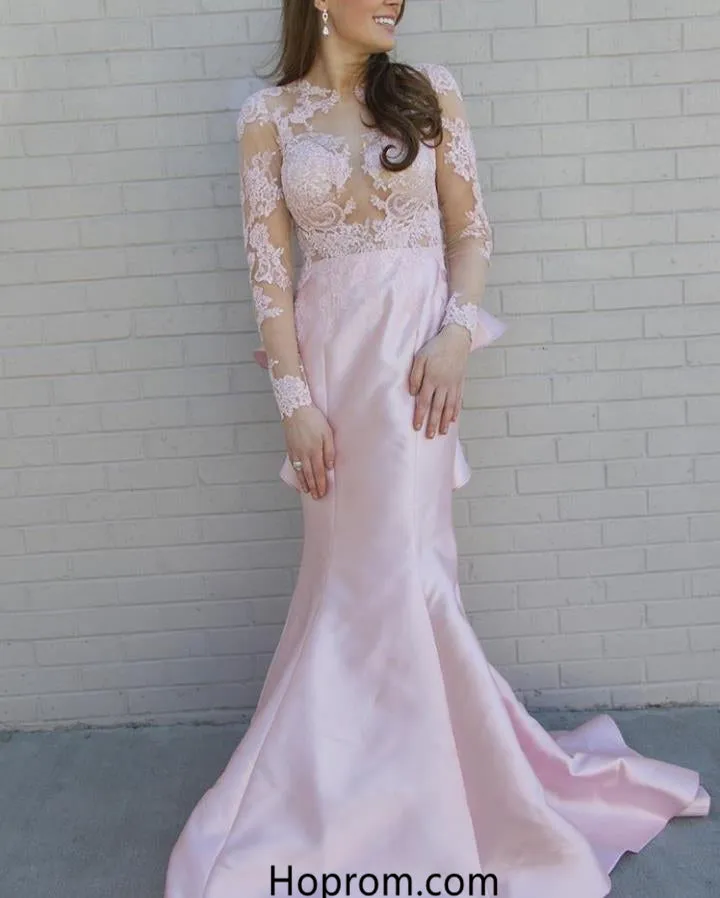 Long Sleeve Blush Pink Lace Prom Dress with Sweep Train