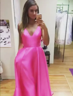 Spaghetti Straps A-line Pink Prom Dress Satin V Neckline with Pockets
